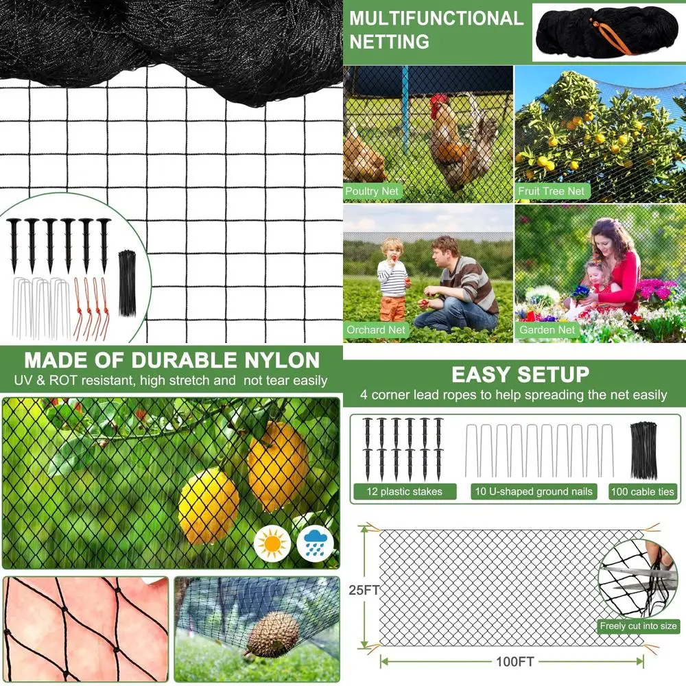 

Прочная сетка для птичников 25x100 футов, защита для сада, фруктовых деревьев и ягодных кустов