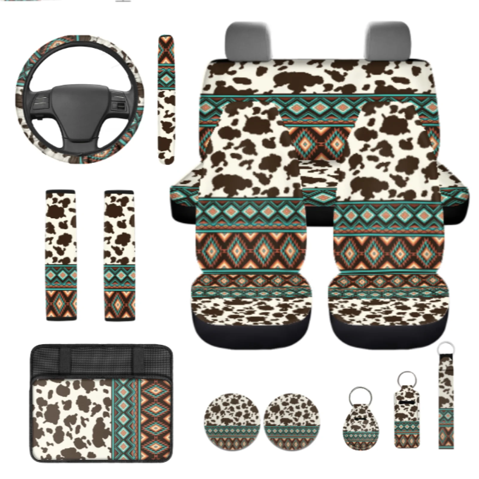 Coloranimal Cow Print Set of 13 Auto Interior Sets with Long Lasting Steering Wheel Cover Seat Belt Strap Pad for Auto Interior
