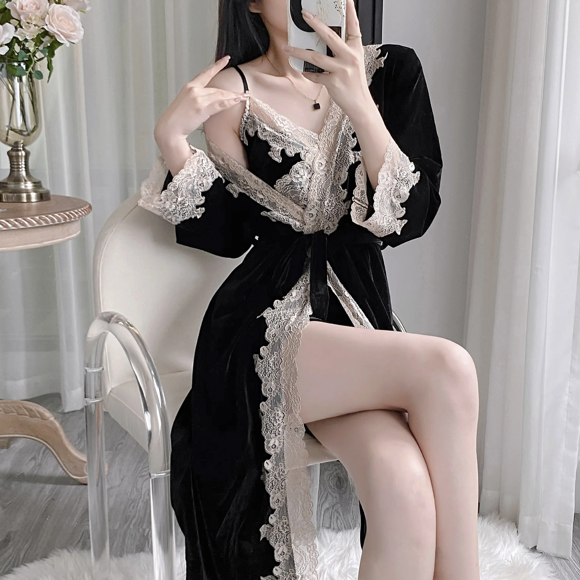 New Autumn Winter Kimono Bathrobe Gown Black Velvet Lace Trim Wedding Robe Nightgown Set Loose Casual Sleepwear Lounge Wear