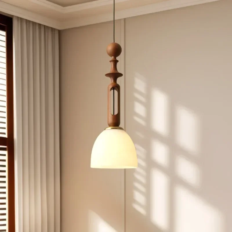 

French Medieval Solid Wood Pendant Lights LED Roman Column Wabi-sabi Classical Hanging Lamp Restaurant Bedroom Living Room