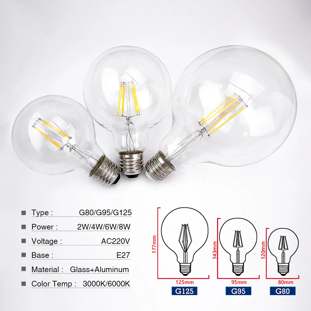 1-10Pcs E27 G80 G95 G125 LED Filament Bulb 2W-8W AC 220V Warm White Cold White Vintage Retro Decorative Glass Lamp For Home