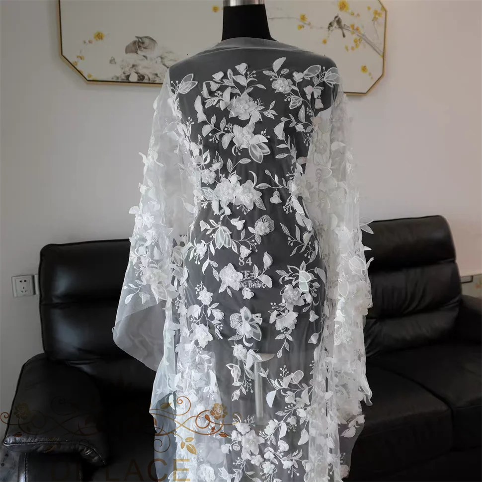 

JZQ Beautiful 3D Flower Lace Fabric with Beaded High Quality Wedding Dress Embroidered Lace Fabric