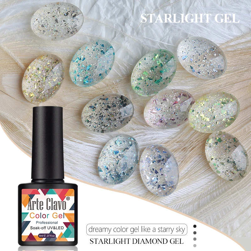 Arte Clavo 8 ml Diamant-Glitzer-Gel-Nagellack, helle, glänzende Pailletten, Soak Off UV-LED, sternenklares Nagelgel, semi-permanente Maniküre