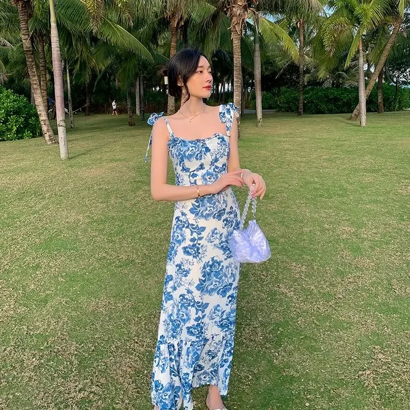 Dress Women Summer Design Ankle Length Ruffles French Flower Sleeveless Sundress Sqaghetti Temperament Female Classic Holiday