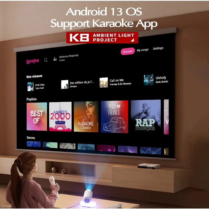 Newest 1920x1080P Android 13 System Smart TV Projector with Auto Focus and Keystone Portable Digital Home KTV Video Projector