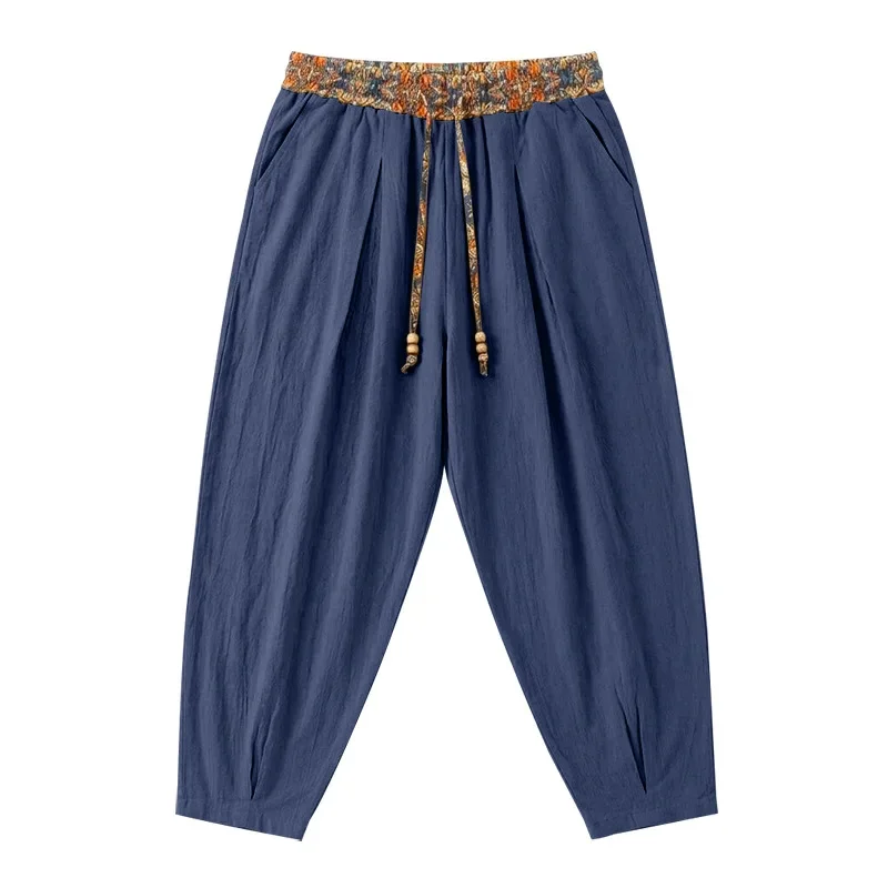 Herren 95% Leinen Haremshose Boho Blumenmuster Kordelzug Taille Lässige Weite Hose Strand Urlaub Knöchellange Hose – Detail 15
