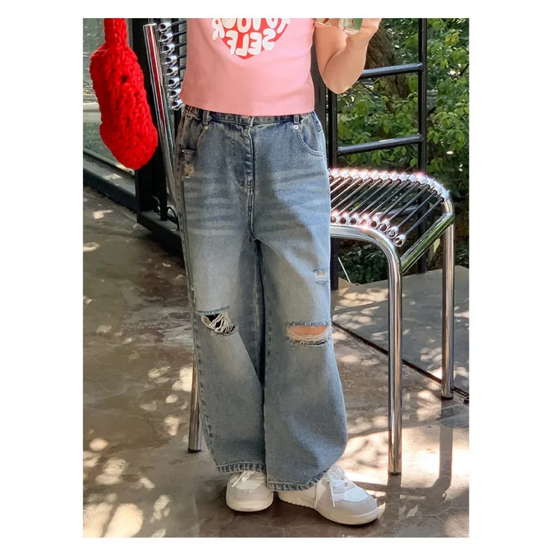 Mädchen zerrissene Jeans süße Spiel Mop Hose Distressed Straight-Leg Hose hohe Taille Retro weites Bein Hosen Kinder eine Generation