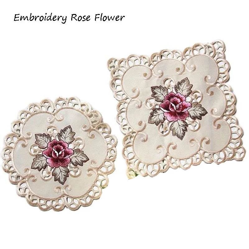 HOT satin Rose flower embroidery place table mat cloth pad Christmas wedding placemat kitchen Table decoration and accessories