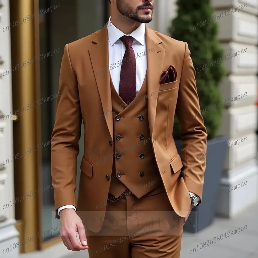 

New Brown Men Suit Business Tuxedos Formal Occasion Groom Groomsman Wedding Party Prom Male 3 Piece Set Blazer Vest Pants C01