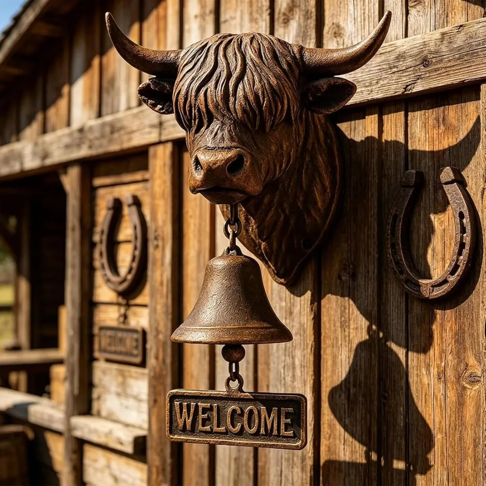 3D Vintage Highland Cow Doorbell Welcome Sign Bell Ornaments Garden Gate Decor Highland Cattle Welcome Doorbell