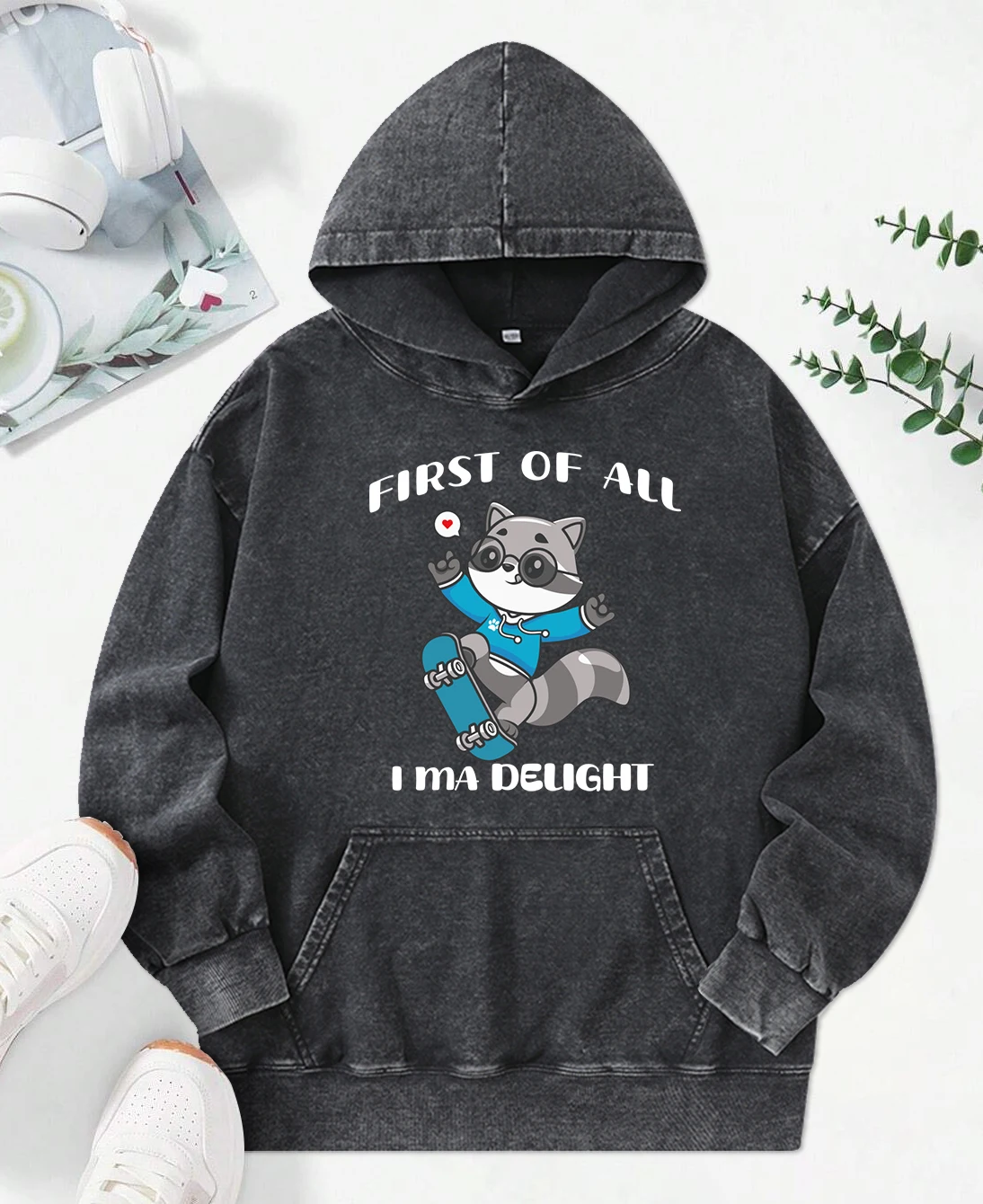 Raccoons Enjoy Skateboarding Printed Female Washed Hoody All-Match Multicolor Pullover Cotton Oversize Sportswears Casual Hoodie