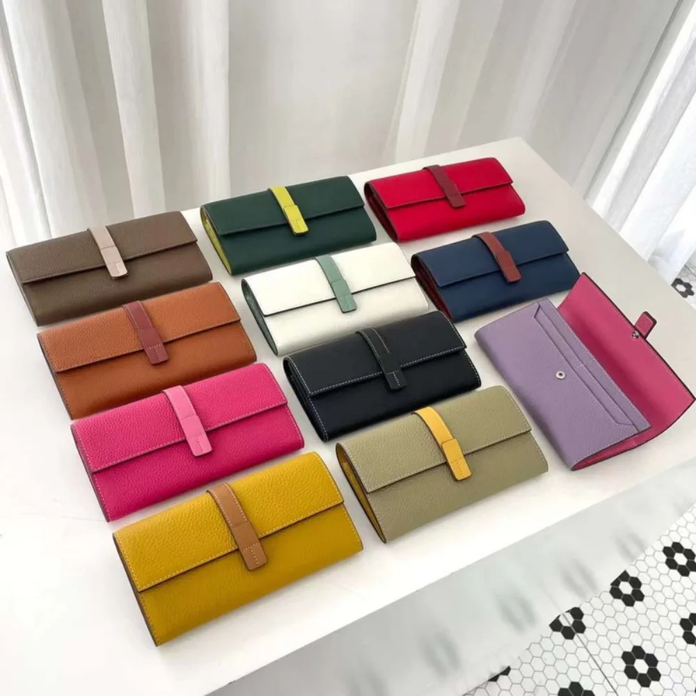 New Wallet Women's Long LeatherBuckle Multi-card Space for Mobile Phone Color Contrast Large Capacity First Layer Cowhide Wallet