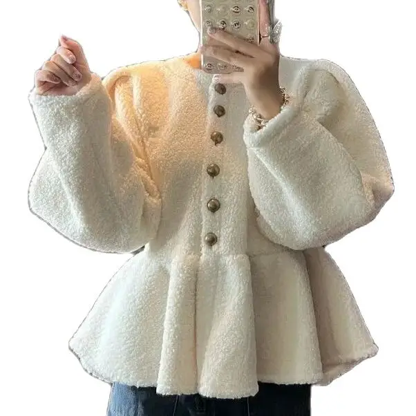 Korea Skirt Style Lamb Velvet Sweet Coat Chic Buttons Single Breasted Ruffles Coats Korean Solid Puff Long Sleeves Jacket