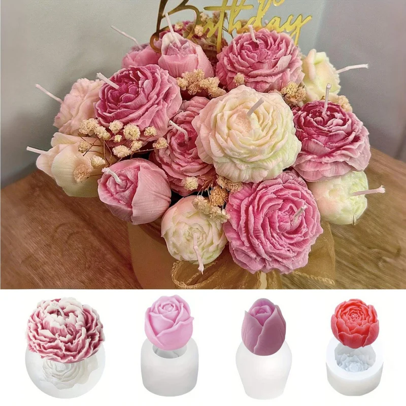 4Floral Silicone Mold Set - Peony、Rose、Tulip and rosebud design，ApplicableDIYCandle Making、Resin crafts and handmade floral proj