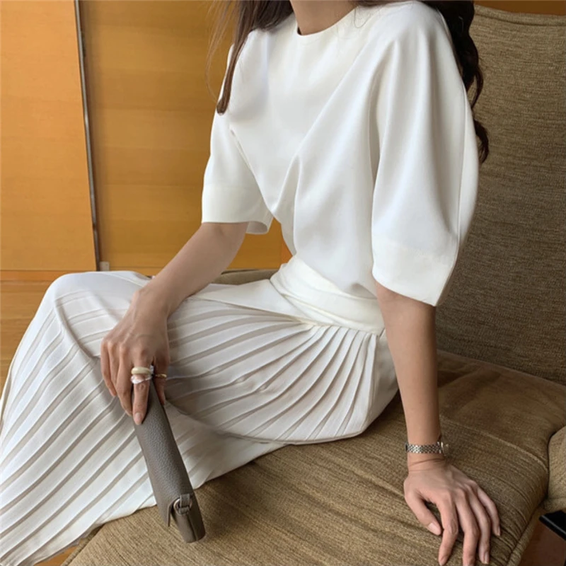 Elegant Spring Summer Two Pieces Set For Women O Neck Half Sleeve Solid Simple Top+A Line Pleated Skirt Female Casual Suit