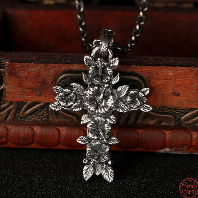 BOCAI NEWS925 Sterling Silver Charms Pendants for Women Men New Fashion Creative Relief Roses Cross Retro Punk Jewelry Wholesale