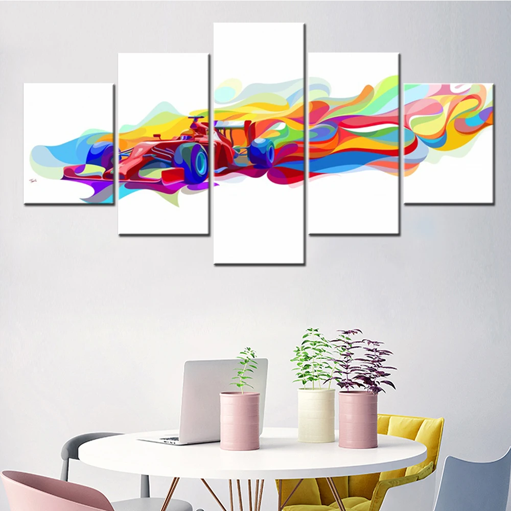 

5 Pieces Colorful Canvas Wall Arts Poster Painting Abstract Formula One Cars Wallpaper Home Decor Picture Print Bedroom Mural