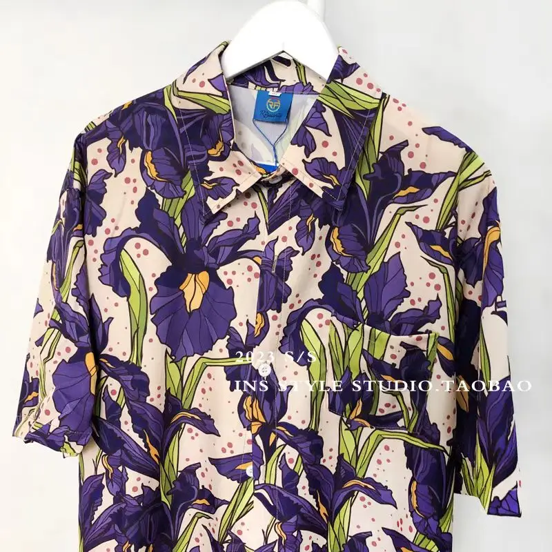 

Новые фиолетовые рубашки с короткими рукавами и цветочным принтом для мужчин и женщин, гавайские винтажные рубашки в тайском и японском стиле ретро в гонконгском стиле