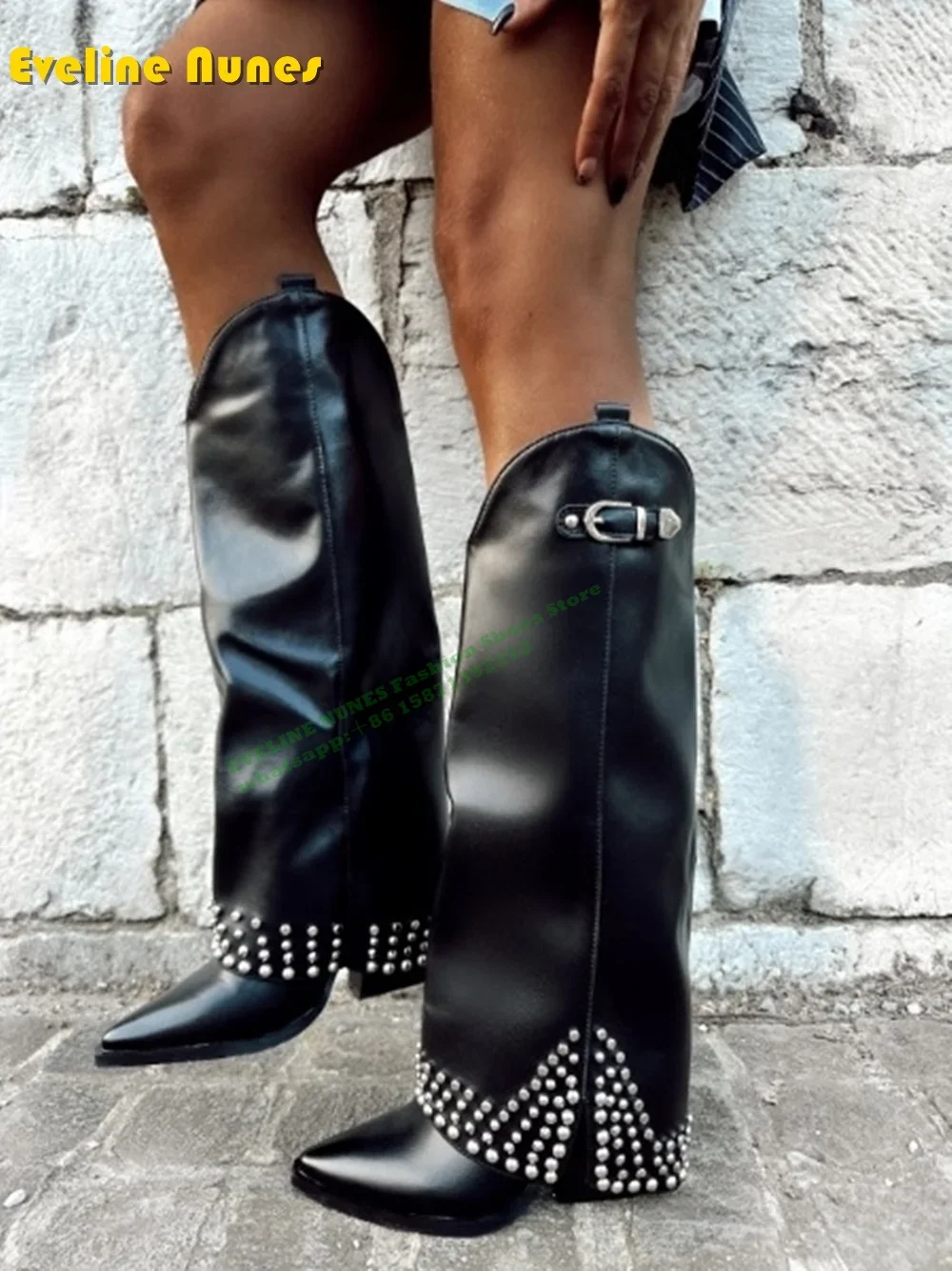 

Belt Buckle Rivet Fashion Trouser Boots Pointed Toe Block Heels Pull On Large Size Women Sleeve Boots 2024 New Style Luxury Shoe