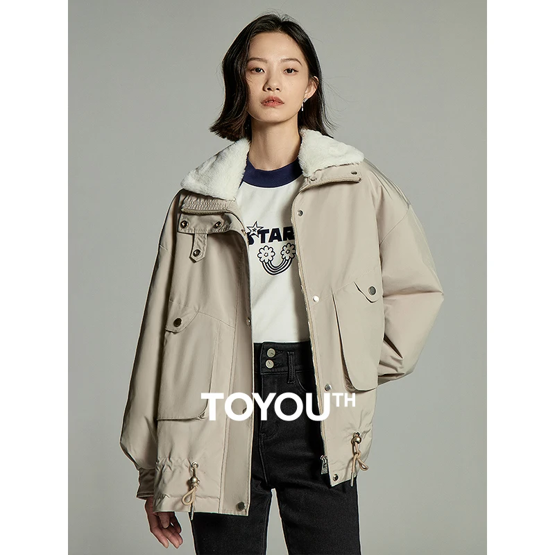 Toyouth Women Coat 2023 Winter Long Sleeve Spliced Fur Collar Loose Jacket Drawstring Waistband Large Pocket Casual Clothes