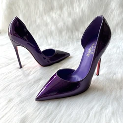 Dark Deep Purple Shiny Patent Leather Pointed Toe 12cm High Heel Shoes Pump On Sale Sexy Evening Dress Street Shoes On Sale