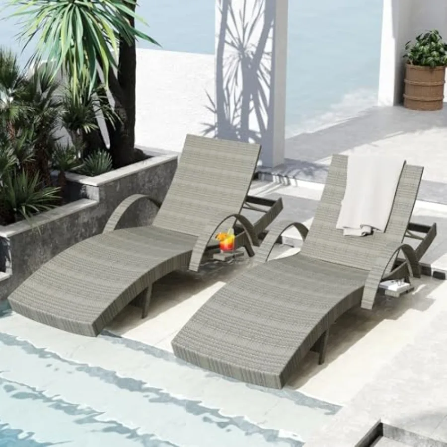 

80'' Wicker Chaise Pool Lounge Chairs Set of 2, Pool Lounge Chairs with Pull-Out Side Table, Patio Lounger with Adjustable Recl