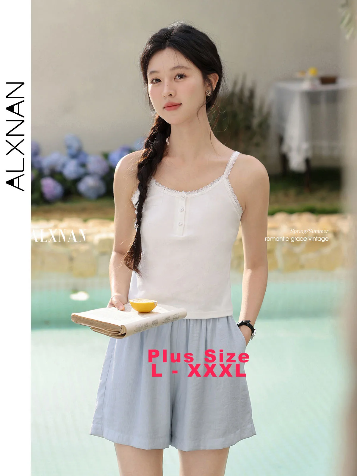 ALXNAN Plus Size Shorts Blue Wide-leg Women's Short Summer Pants High-waist Casual Holiday Beach Baggy Pants Ladies D10171DK