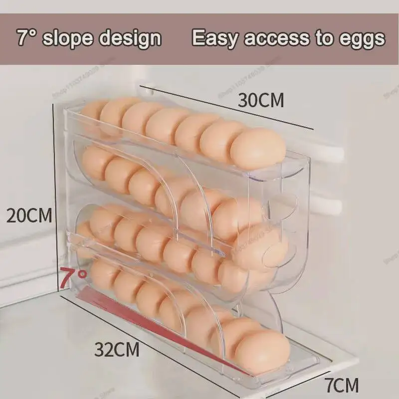 

Household Automatic Rolling Box Kitchen Refrigerator Side Door Preservation Rack 30 Boxes 3Layer Egg Storage