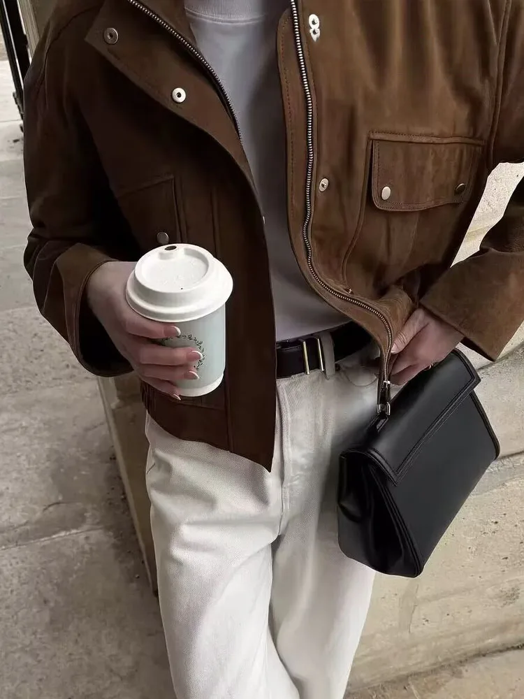 HH Woman Fashion Long Sleeves Zipper High Neck Pockets Decorative Coats Women's Autumn Elegant Suede Textured Street Jacket