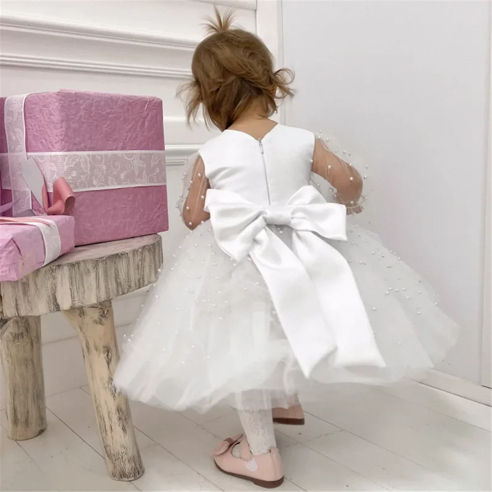 Abiti da ragazza di fiore da sposa a maniche lunghe con fiocco d'angelo bianco Tulle con perle gonfie Abiti da prima comunione Festa di compleanno Regalo da principessa