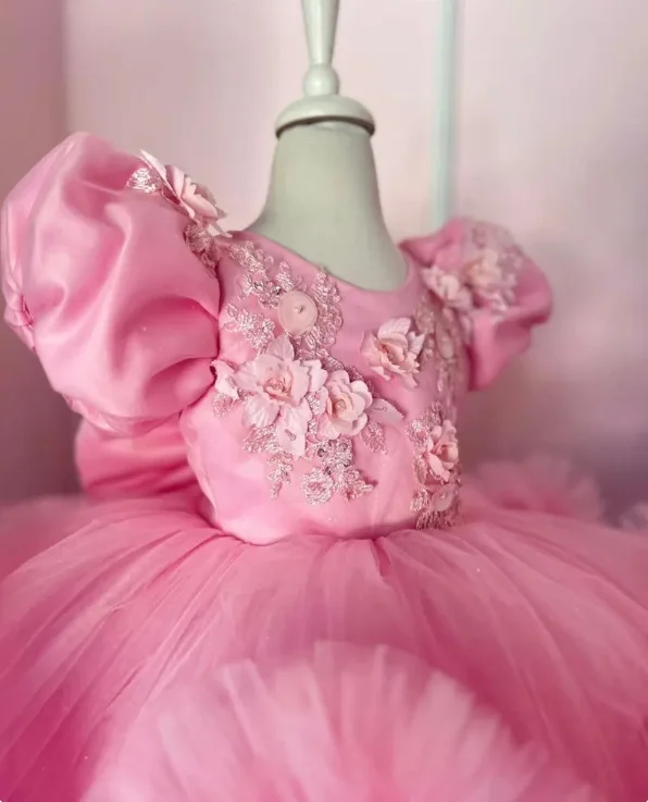 Pink Princess Mini Flower Girl Dress Exquisite Fairy Puffy Sleeve 3D Flower Embroidered Lace Tutu Customised vestidos de festa