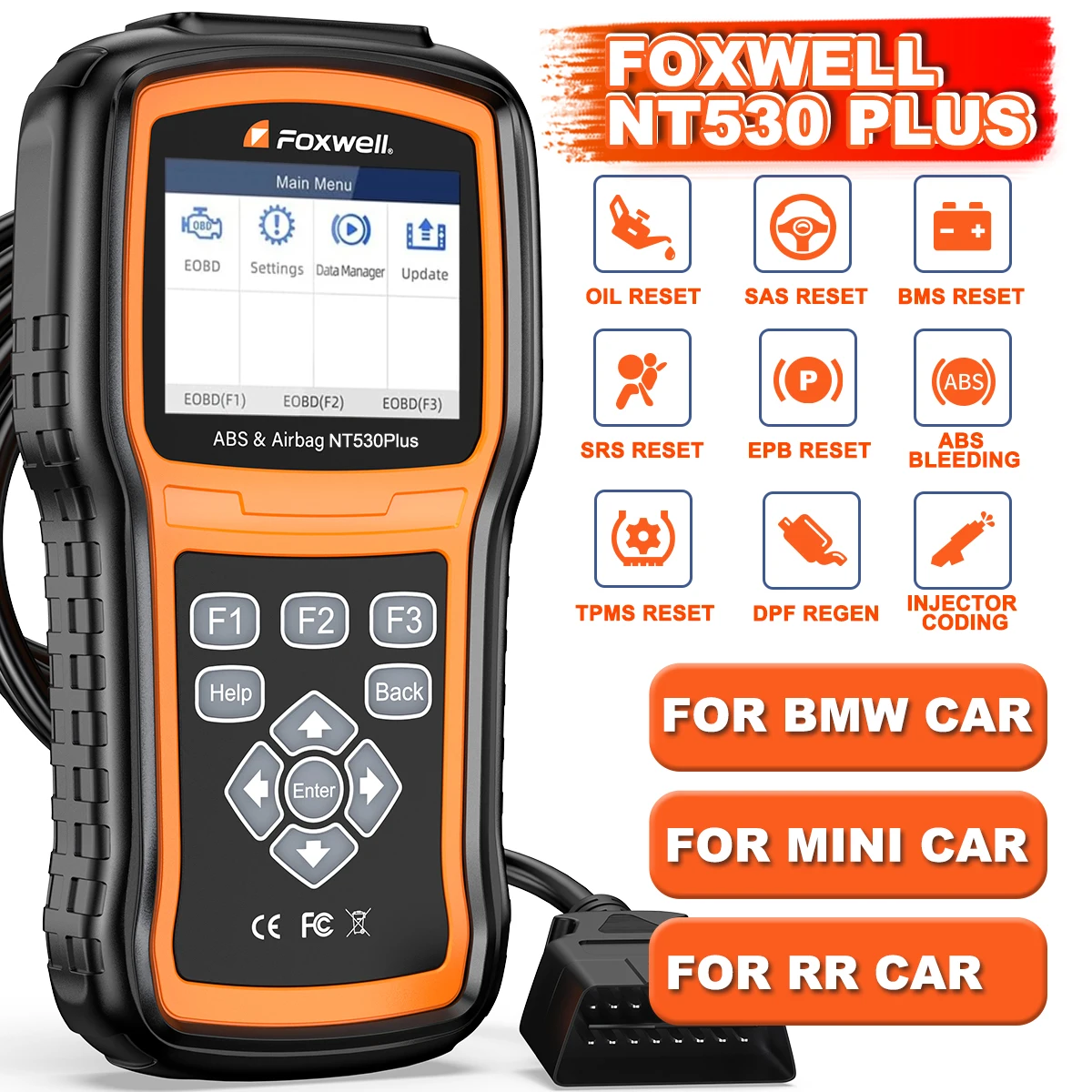 FOXWELL NT530 Plus OBD2 Scanner Car Diagnostic Tool 3 System Engine ABS SRS Fault Code Reader 26 Reset Service Full OBDII Functions Lifetime Free Update Fit for BMW