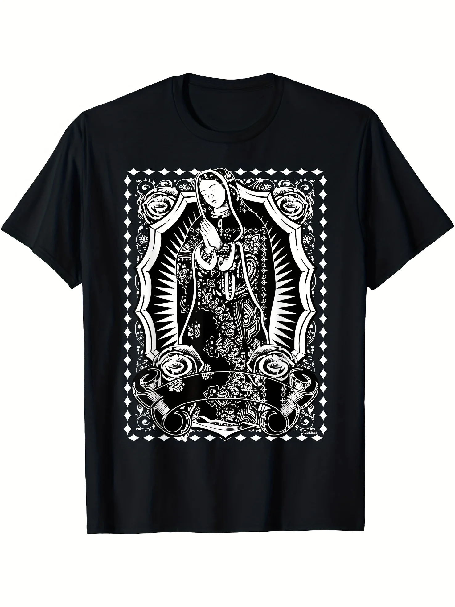Camiseta con estampado de bandana en blanco y negro de la Virgen María, arte chicano, estilo cholo