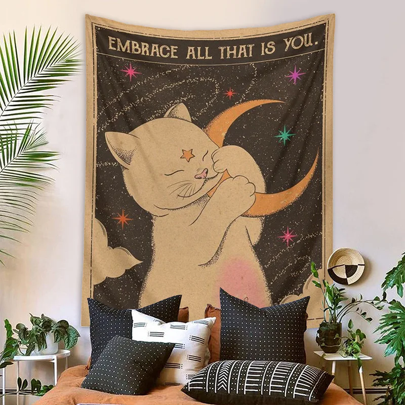 Sun Moon Tarot Tapestry Wall Hanging Boho Tarot Cat Kawaii Room Decor Psychedelic Hippie Tapestry Kids Room Bedroom Wall Art