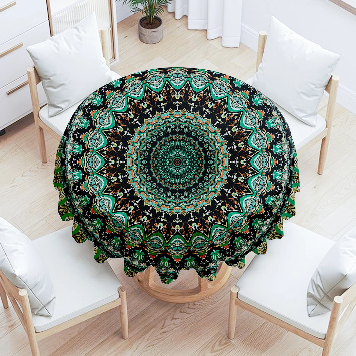 Round Polyester Tablecloth Bohemian Floral Pattern Circular Table Cover Waterproof Color Terrace Dining Tablecloth Decoration