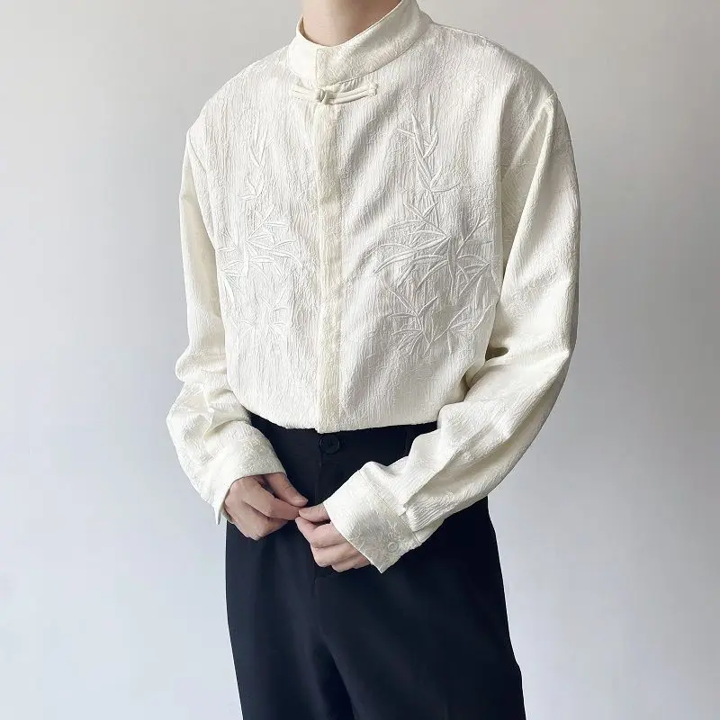 

​​Contemporary Chinese Shirt 2025 Fall Men's Mandarin Collar Frog Closure Artisanal Embroidery Rebel Chic Long Sleeve​​