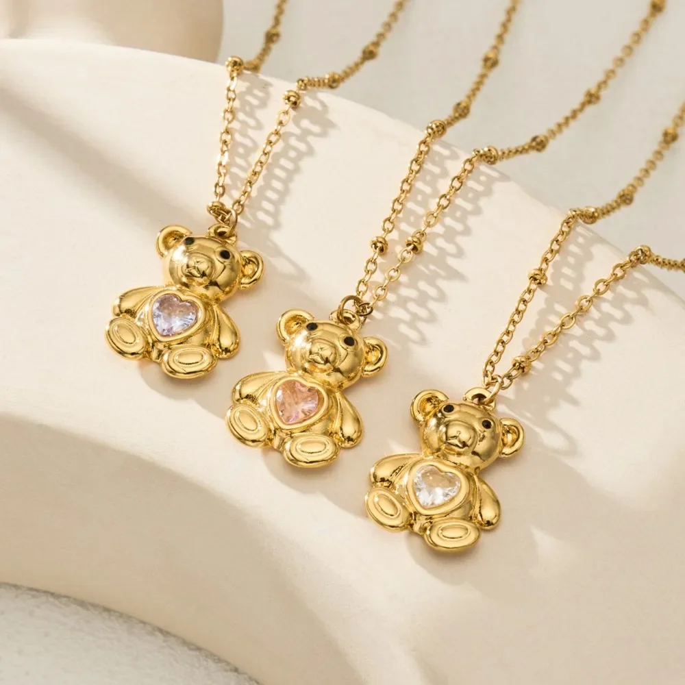 

Cute Bear Heart Zircon Pendant For Women 316L Stainless Steel 18K Waterproof Fadeless Fashion Trend Jewelry Necklace