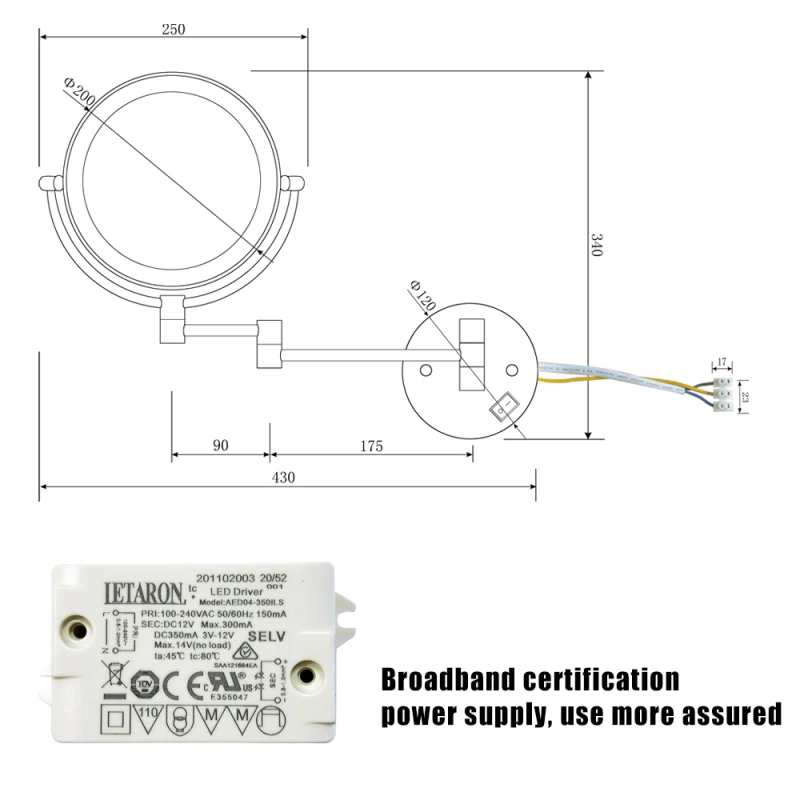 8 インチ LED ウォールマウント両面拡大鏡化粧鏡 12 インチ延長マットブラック 1X/3X 倍率プラグ 360 度