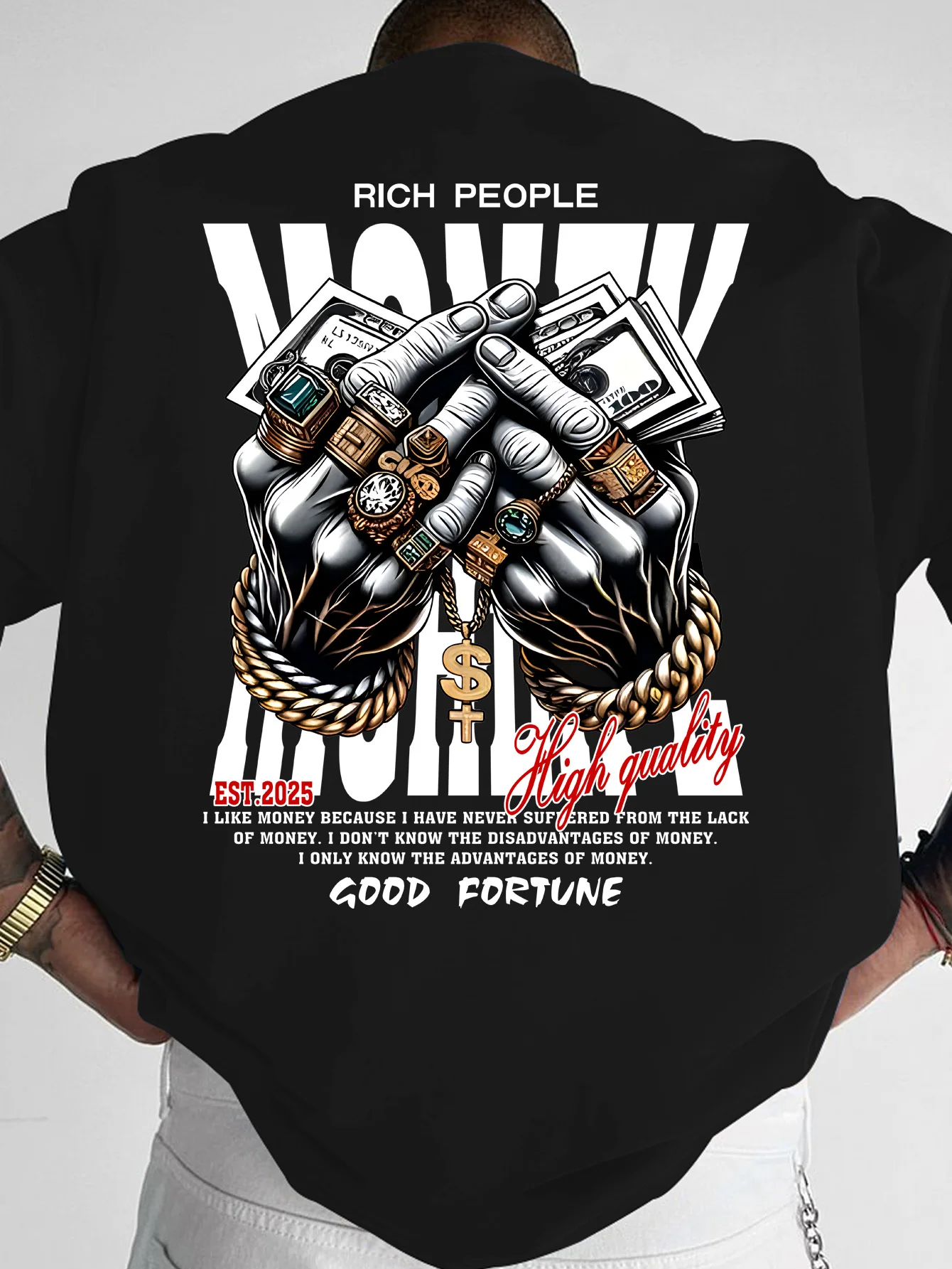 Men's T-Shirt Rich Hands & Dollar Print Streetwear Crew Neck Short Sleeve Polyester Casual Tops S-XXL