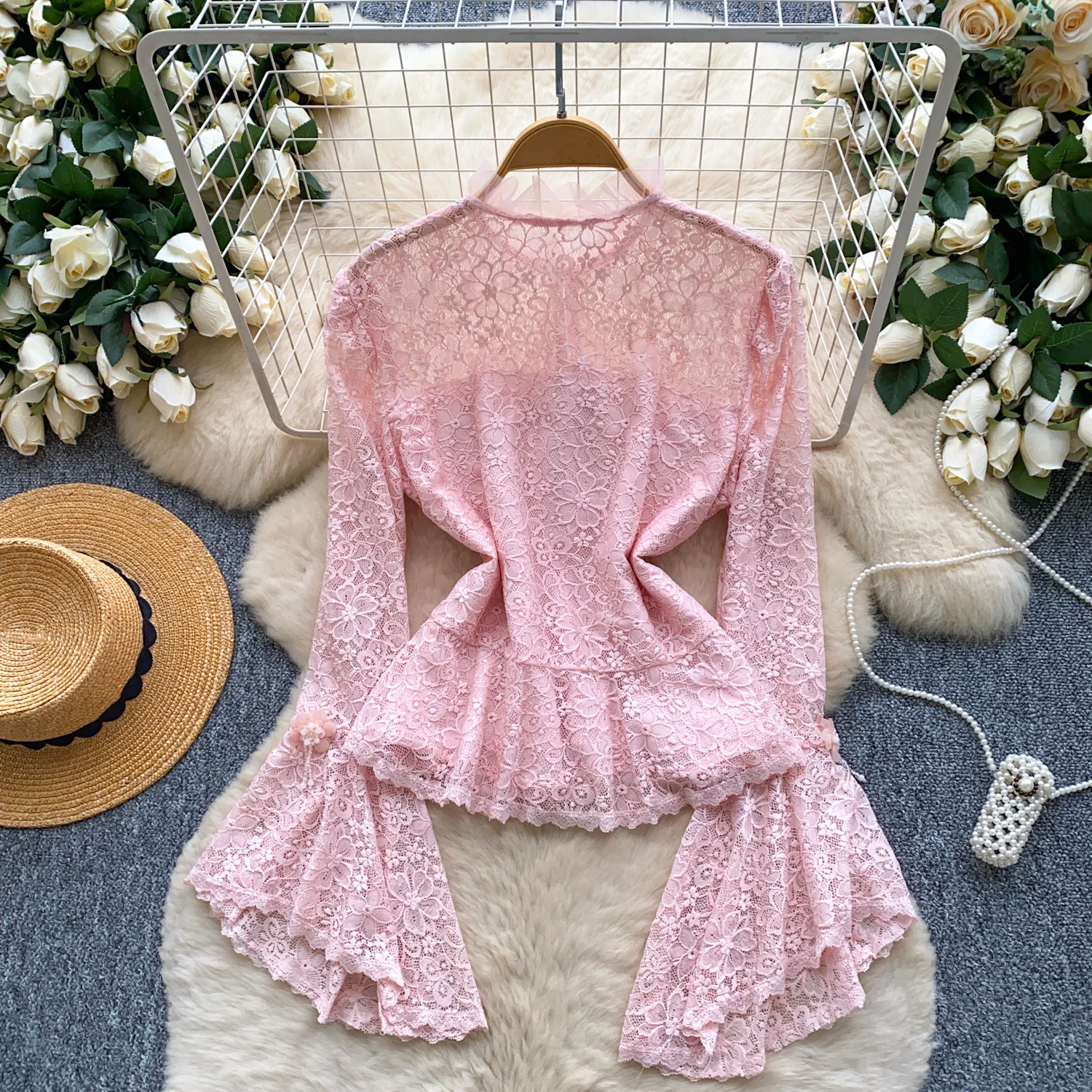 Vintage Elegant flare sleeve Beading long sleeve Blouse Fashion Shirt  hotsweet Top Fairy Women Shirt