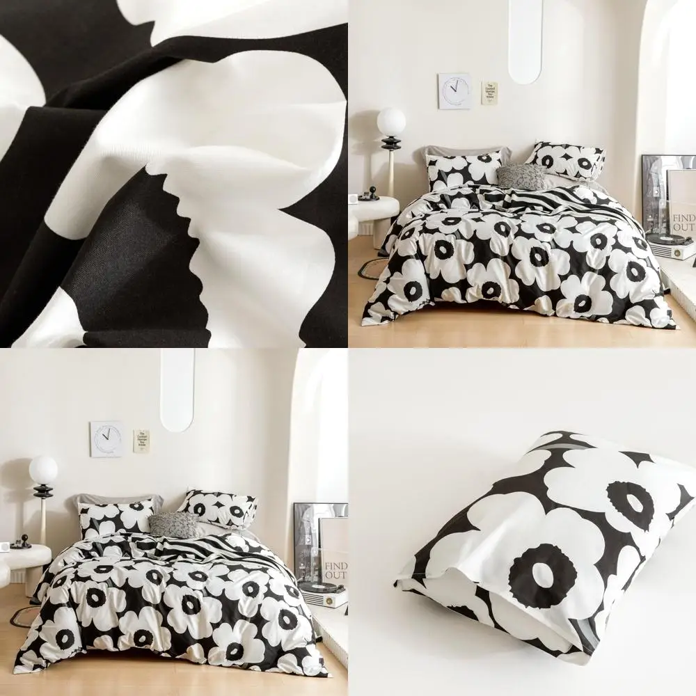 

Комплект пододеяльников из хлопка с цветочным принтом размера «queen-size» — черно-белый, состоящий из 3 предметов с мультяшными цветами и наволочками