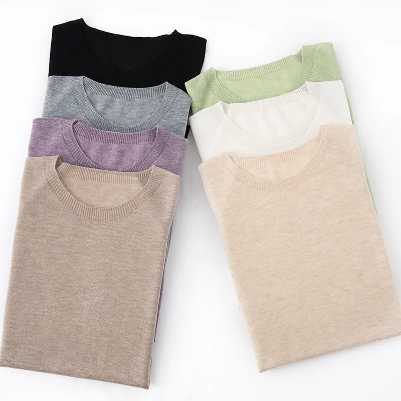 Novedad de verano, suéter tejido de manga corta con cuello redondo, camiseta de lana informal fina de seda helada para mujer, Top holgado con temperamento