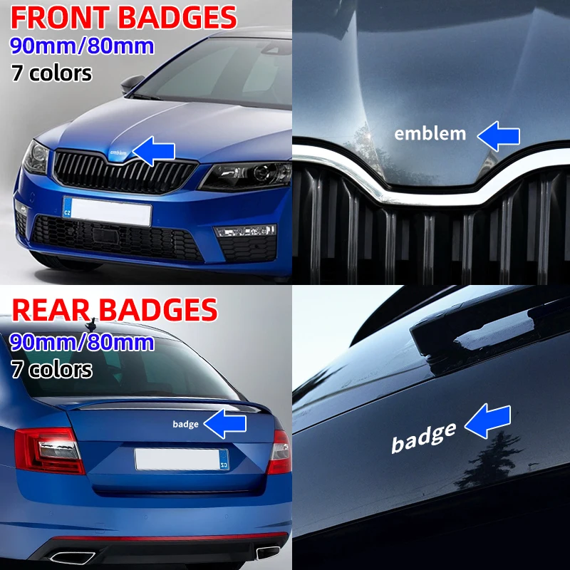 

2pcs 80mm/90mm Car rear boot badge front hood trunk Emblem logo For Skoda Fabia 1 2 Octavia a7 RS Superb Rapid Yeti Karoq Vision