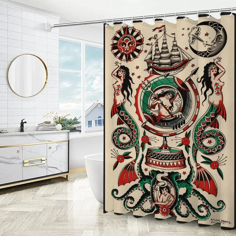 New School Tattoo Shower Curtain for Bathroom Sets Full Set Folding Partition Curtains Accessories Bath Bedrooms Houses Rooms