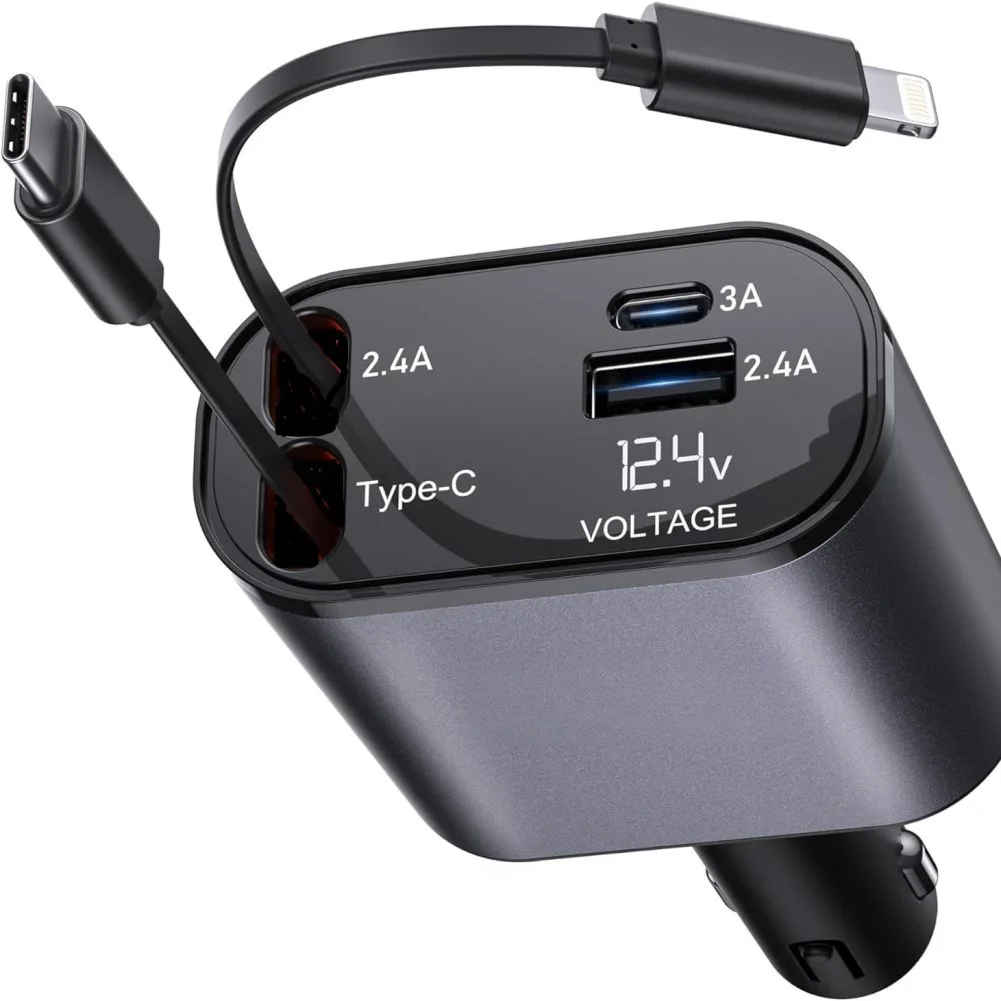 Retractable Car Charger 66W 4-in-1 Fast Car Phone Charger With 2 Retractable Cables USB And USB-C Ports Compatible