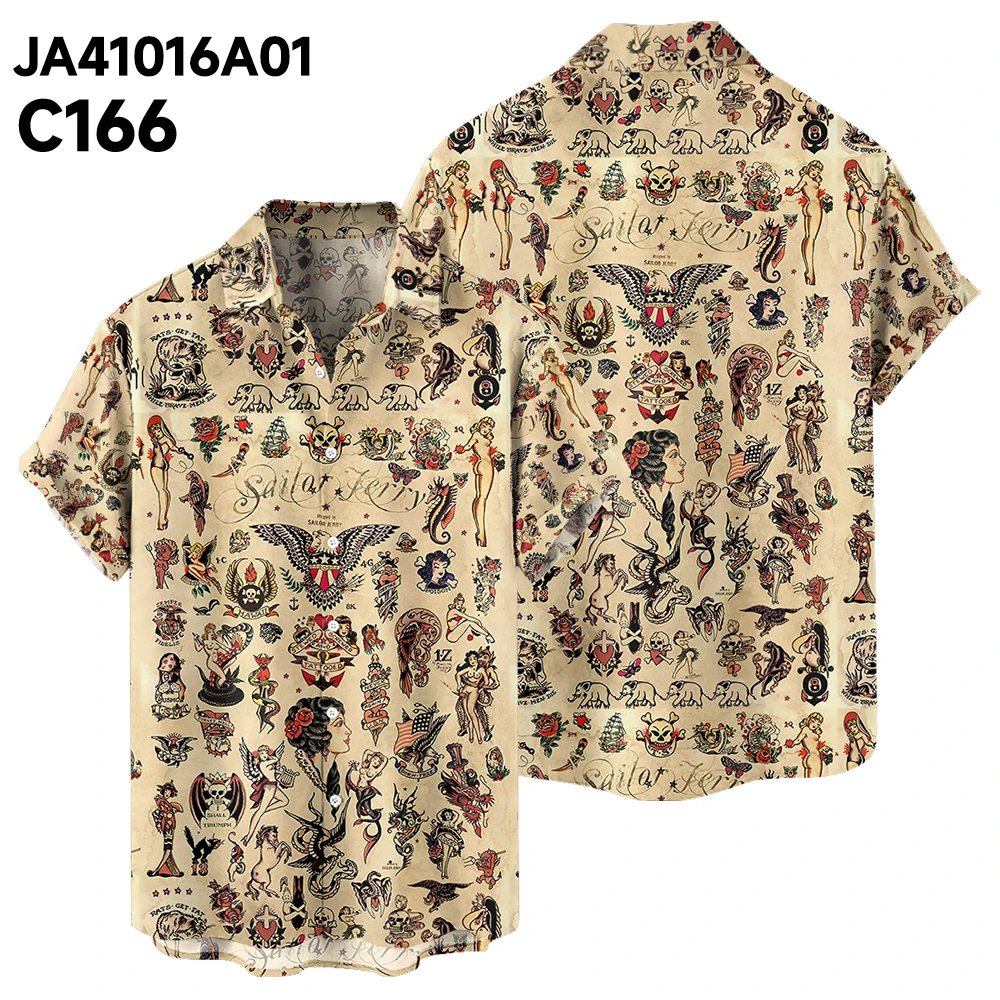 2024 new original summer skull animal leisure travel Plus size short sleeve shirt Hawaiian style digital print loose trend shirt