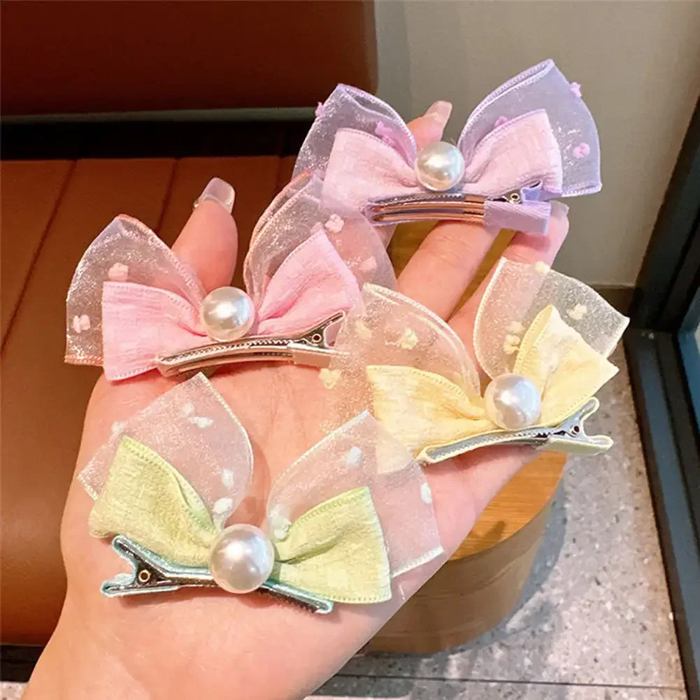 

2pcs/set New Dopamine Mesh Pearl Bow Children's Hair Clip Cute Girl Ball Head Duck Mouth Hairpin Side Clip Princess Hair Clip