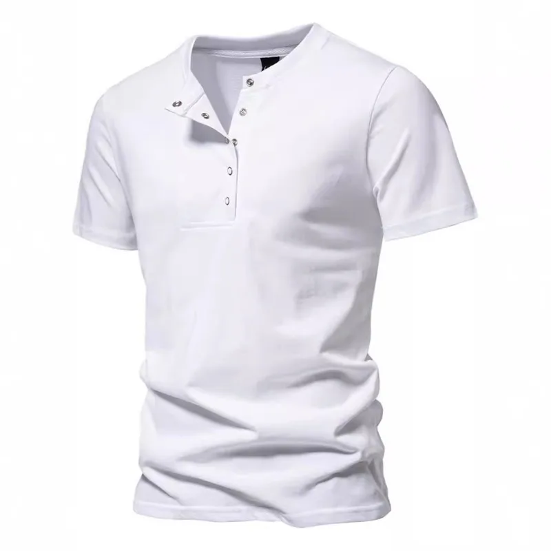 Retro Henry Neck Short Sleeved T-shirt with Solid Button Up Collar, Sports and Fitness Short T-shirt for Trendy Men