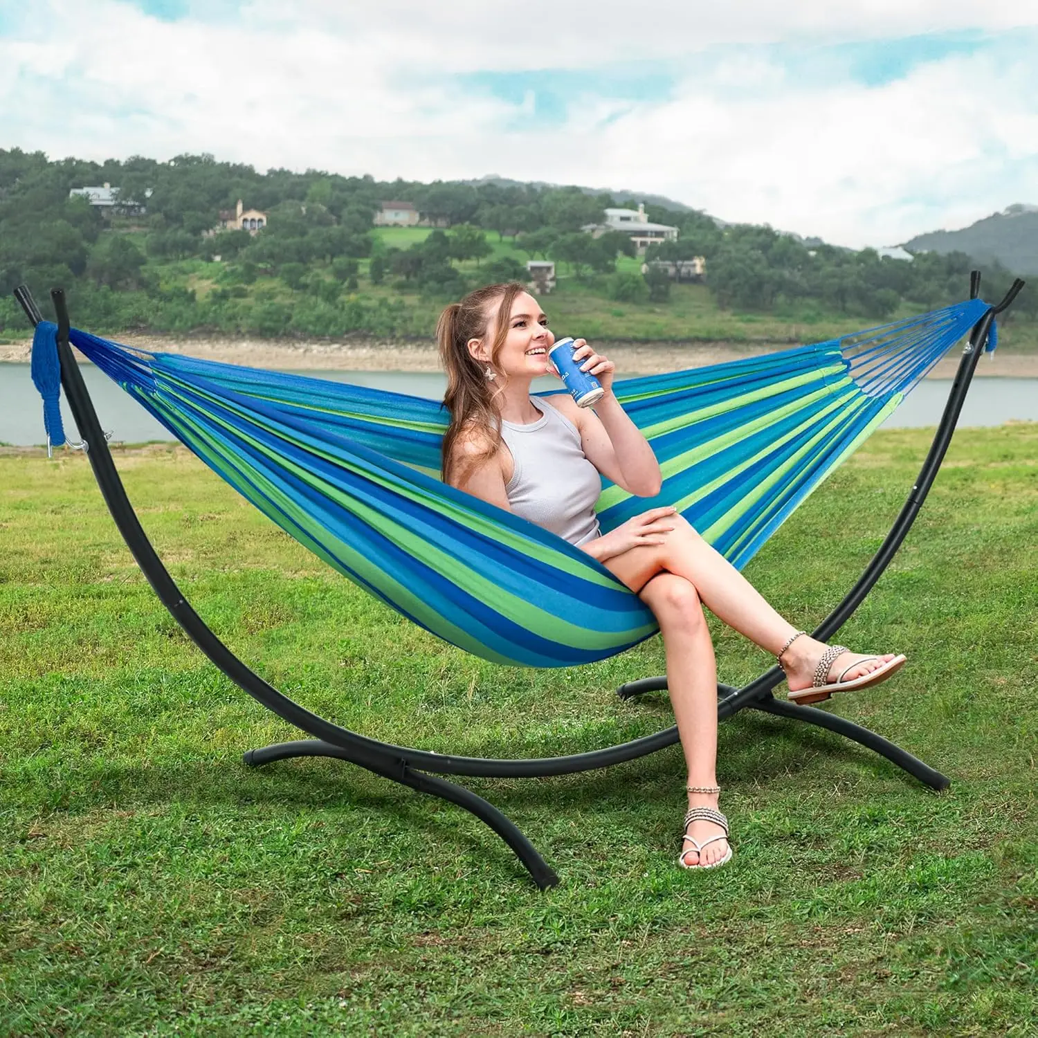 

Portable Outdoor Hammock with Stand, Double Hammock with Stand for Outside, Blue & Green Stripes