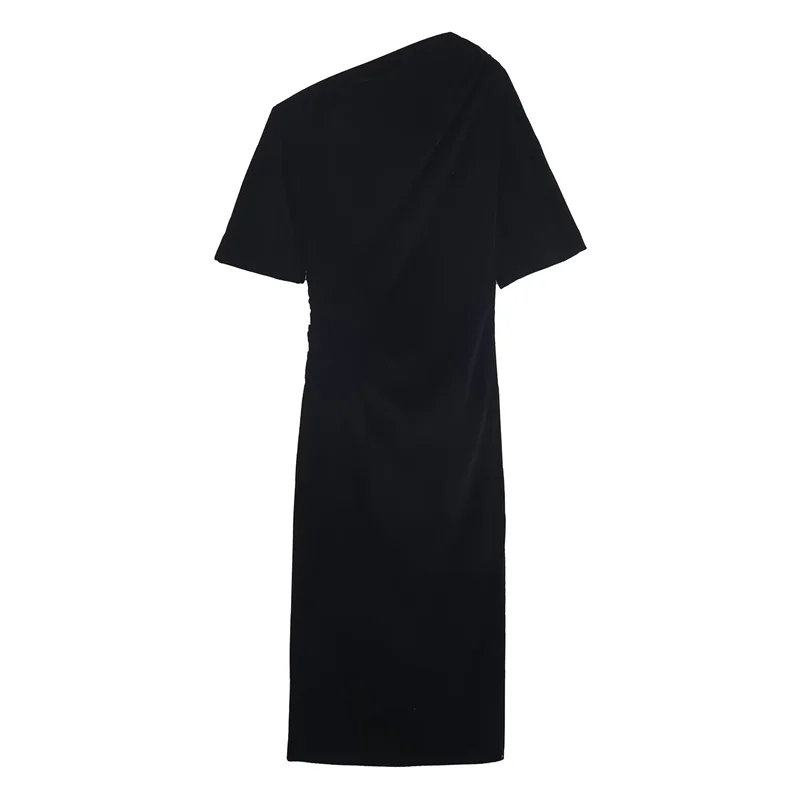 Robe longue noire en velours pour femmes, manches courtes, col asymétrique, élégante et élégante, nouvelle collection hiver 2025